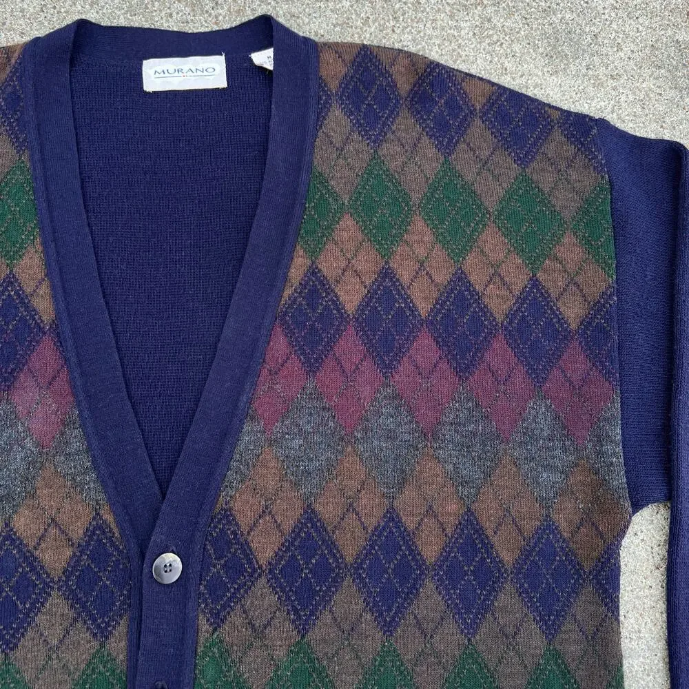 Vintage 90s Grandpa Cardigan Diamond Wool Blend Sweater Murano | Size Medium - Picture 4 of 5